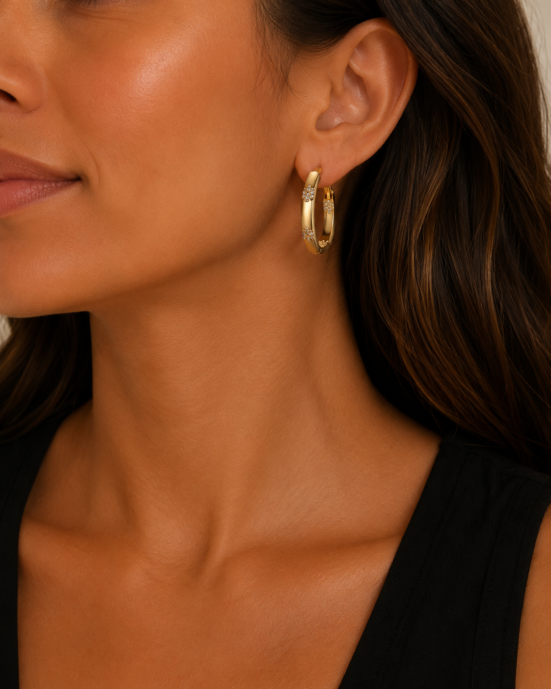 Vintage Circular Hoop Earrings with Gold Flowers
