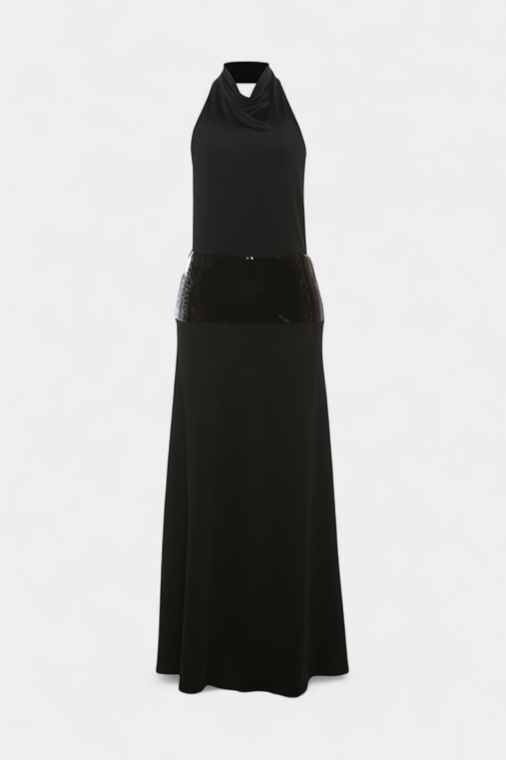 Georgia Halter Dress with Open Back and Sequin Accents