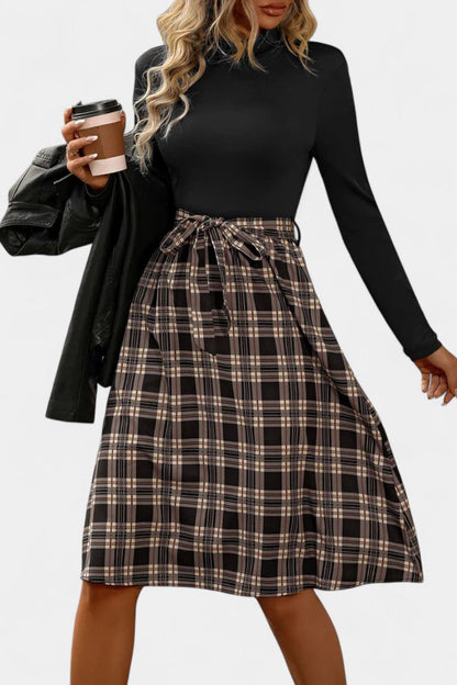 Orlane High-Collar A-Line Checkered Dress with Long Sleeves