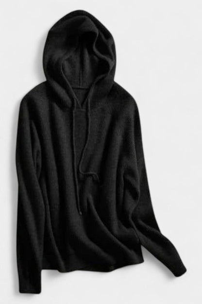 Agnella Hip-Length Ribbed Hoodie Sweater with Drawstrings