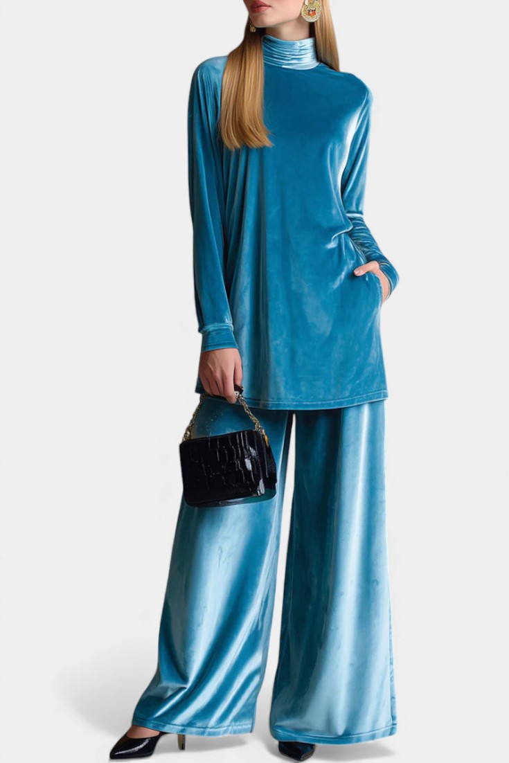Tifenn Velvet High-Top and Split Pants Set with Elevated Collar
