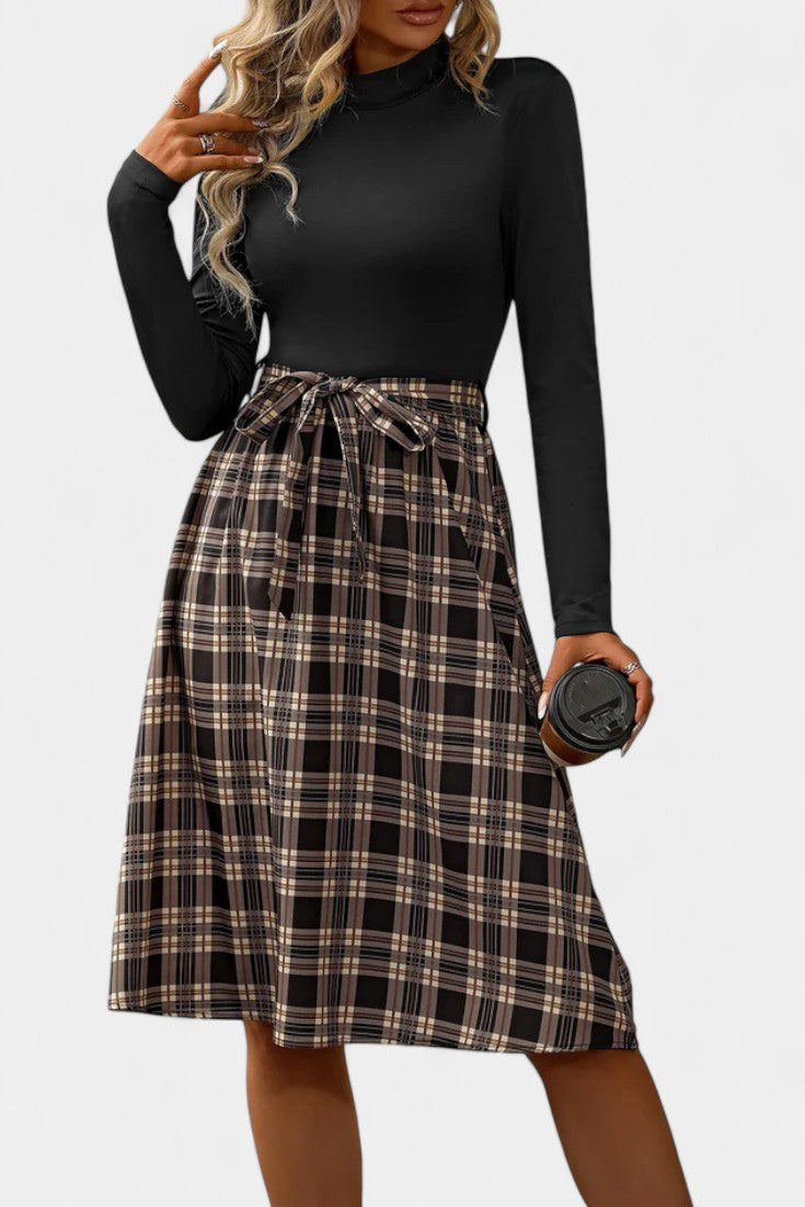 Orlane High-Collar A-Line Checkered Dress with Long Sleeves