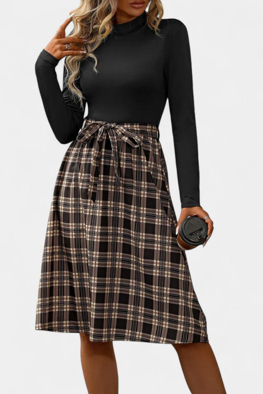 Orlane High-Collar A-Line Checkered Dress with Long Sleeves