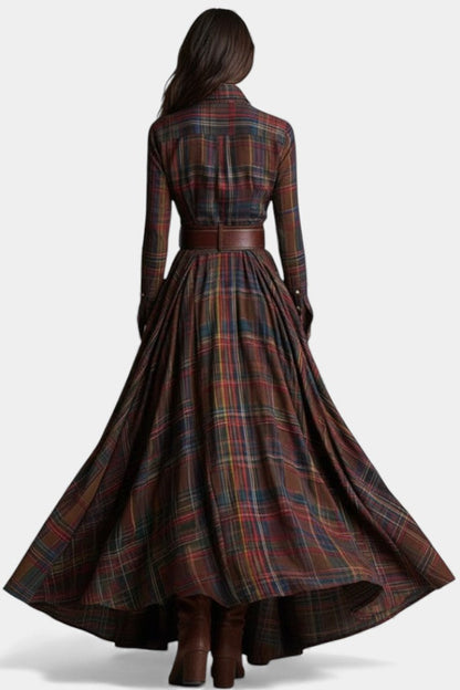 Eustelle Brown and Reddish Checkered Maxi Dress with Collar