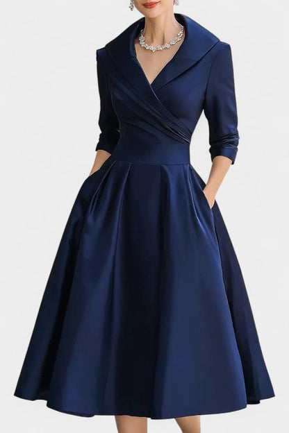 Solid Color Nixie Midi Dress with V-Neck and A-Line Silhouette