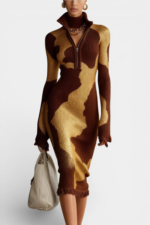 Kalinda Contrast Half-Zip Midi Knit Dress