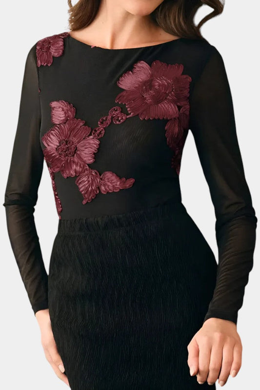 Floral Textured Blouse with Boat Neck and Long Sleeves by Ninon