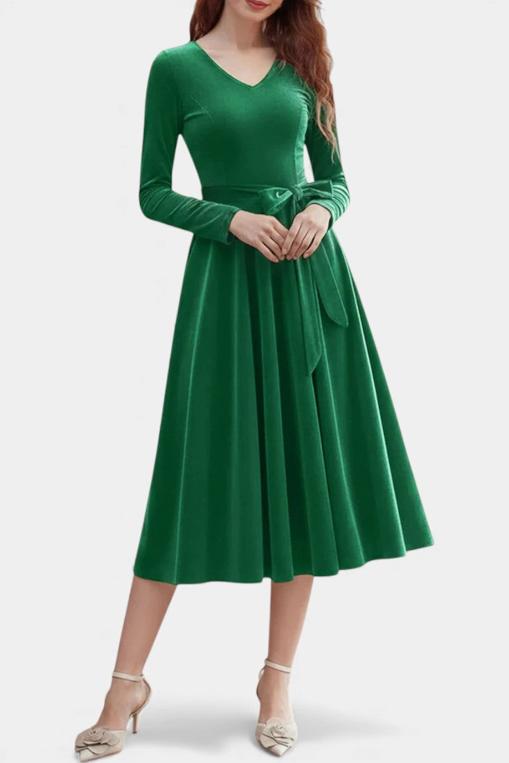 Almena V-Neck Midi Velvet Dress - Elegant and Perfect for Festive Occasions