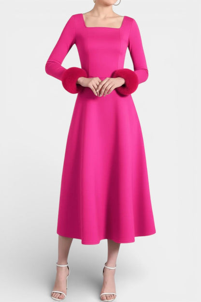 Alicia Square Neck Flared Dress with Patchwork Faux Fur Sleeves
