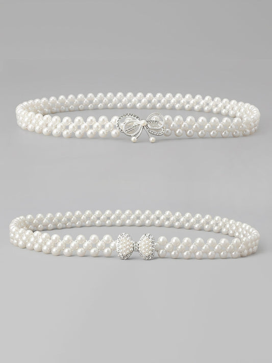 Set of 2 Women's Imitation Pearl and Rhinestone Chain Belts