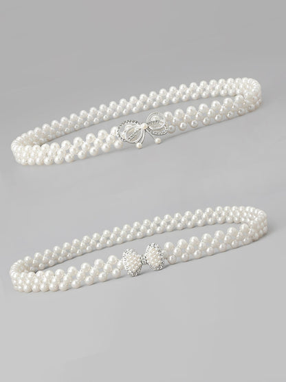 Set of 2 Women's Imitation Pearl and Rhinestone Chain Belts